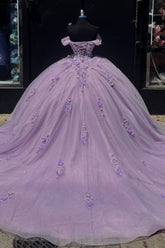 Lilac Ball Gown Off-Shoulder Sparkly Tulle Quinceanera Dress with 3D Floral Appliques for Sweet 16 & Formal Events